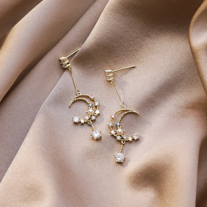 S925 Silver Star & Moon Color Diamond Pearl Drop Earrings, Dreamy Hollow Crescent Long Dangle Earrings