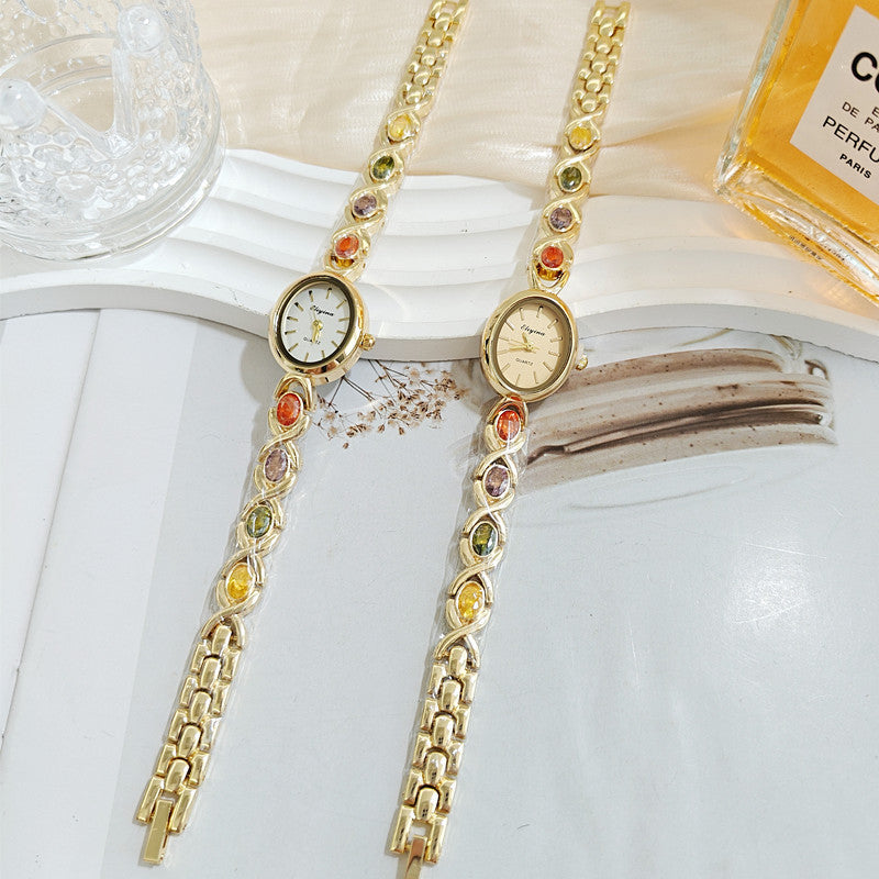 Oval Dial Colored Gemstone Bracelet Style Quartz Watch (Luxury Elegant Women's Wristwatch)
