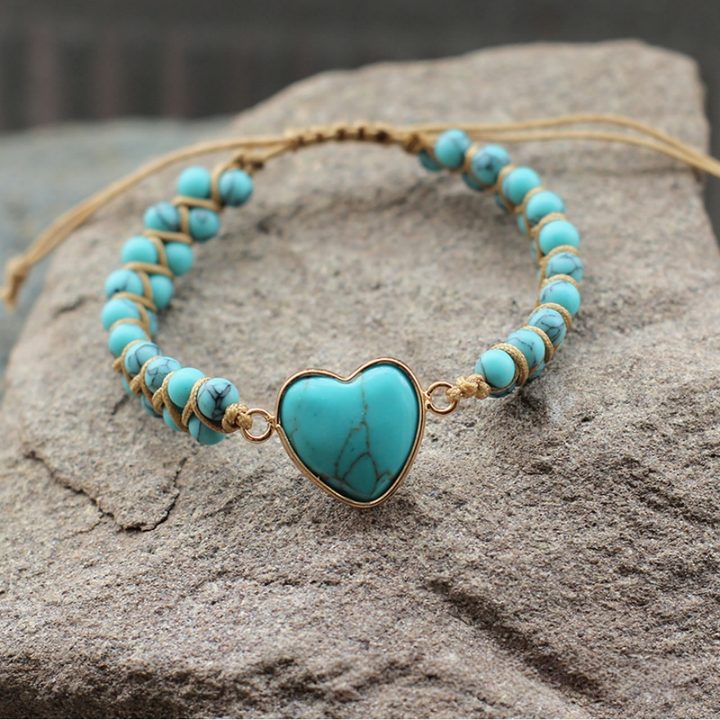 Heart Natural Stone Woven Adjustable Bracelet, Multi‑Color Boho Beaded Bracelet