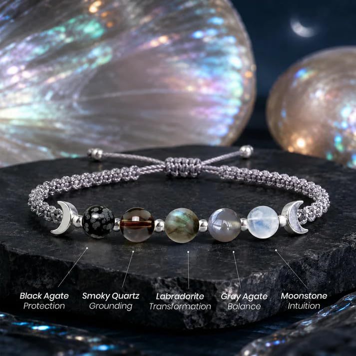Moon Phase Natural Crystal Adjustable Braided Bracelet, Solid S925 Silver Crescent Healing Energy Stone Wristband, 2 Cord Color Options