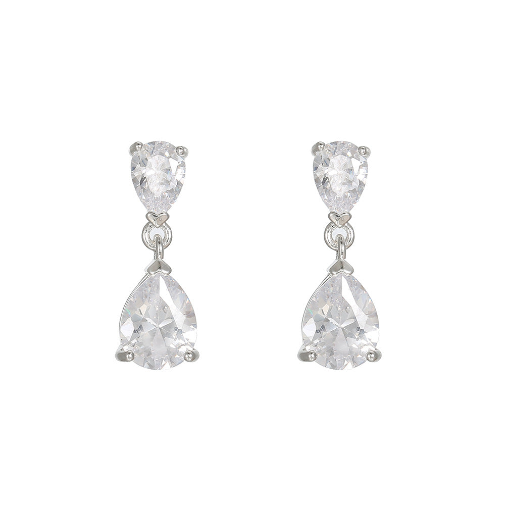 Double Teardrop Diamond Drop S925 Silver Earrings, Luxury Two Linked Pear Cut Diamond Long Dangle Earrings, Gold & Silver Two Tones