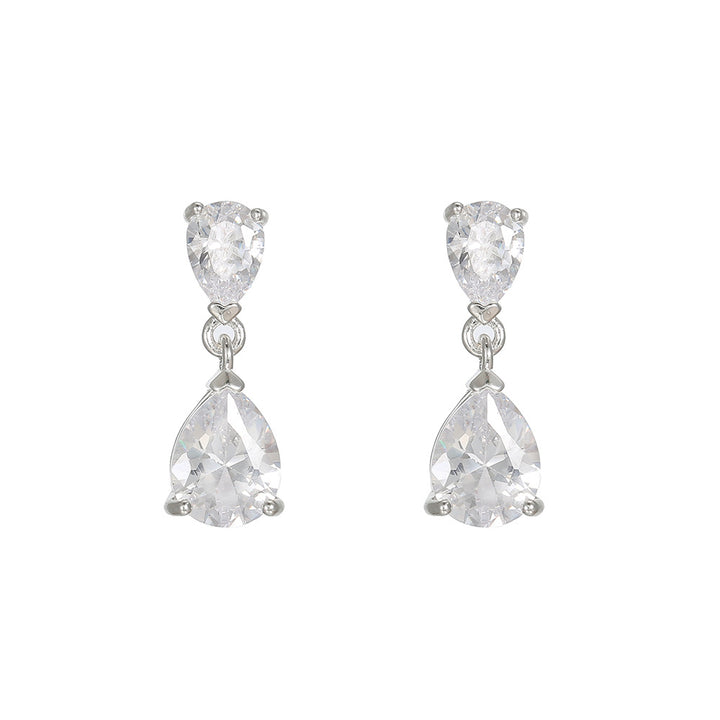 Double Teardrop Diamond Drop S925 Silver Earrings, Luxury Two Linked Pear Cut Diamond Long Dangle Earrings, Gold & Silver Two Tones