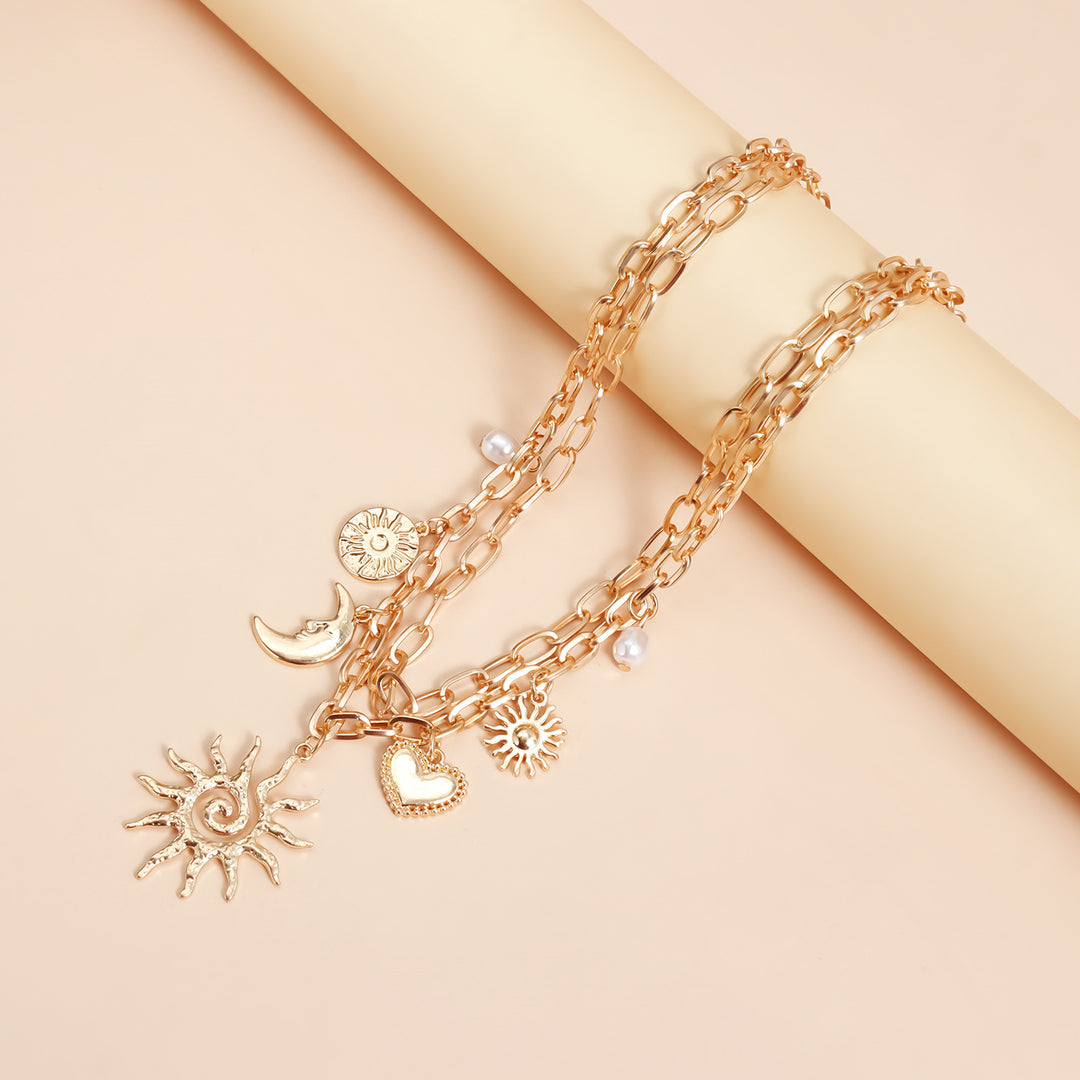 Vintage Sun Moon Star Heart Pearl Double Layer Bracelet, Boho Sun & Moon Charm Gold Bracelet