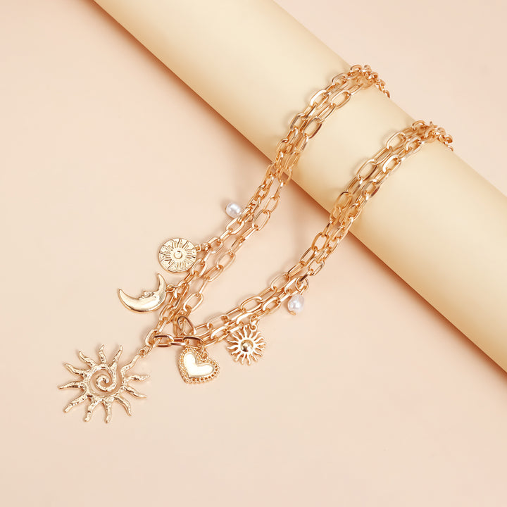 Vintage Sun Moon Star Heart Pearl Double Layer Bracelet, Boho Sun & Moon Charm Gold Bracelet