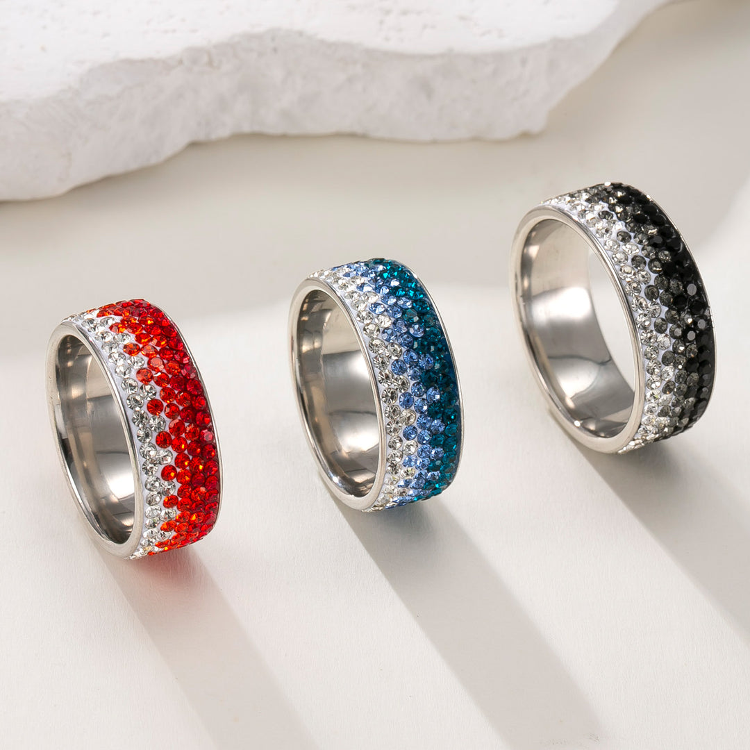 Multi-Row Paved Crystal Wide Titanium Steel Ring, Solid & Gradient Rhinestone Waterproof Band Gold Silver Black Couple Jewelry