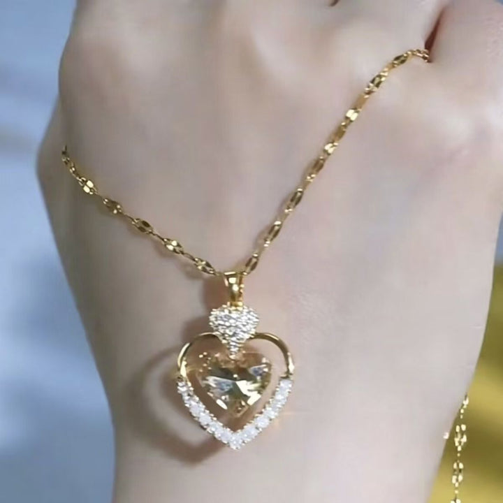 Double Layer Heart Champagne Diamond Pendant Necklace
