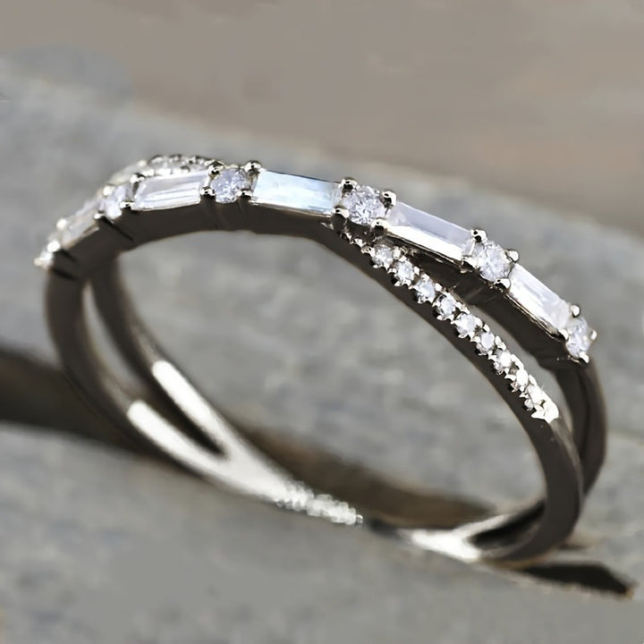 Twisted Baguette Diamond Thin Ring, Minimalist Stackable Paved Band, Gold Silver Black Three Tones Available