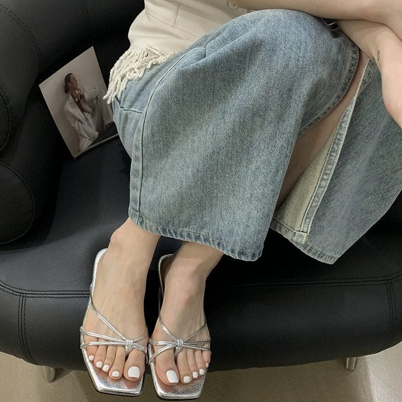 French Thin Strap Square Toe Slide Sandals, Multi Color Flat Summer Slippers