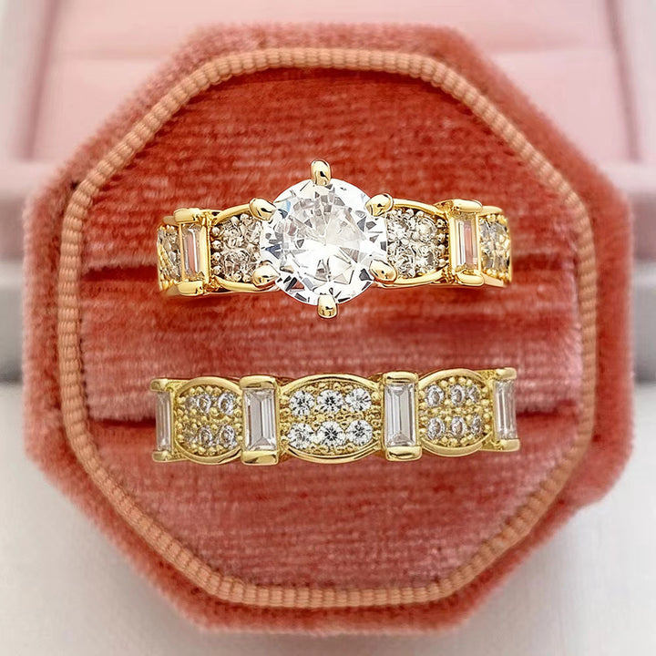 Gold‑Tone Bow‑Detail Round‑Center Two‑Piece Ring Set