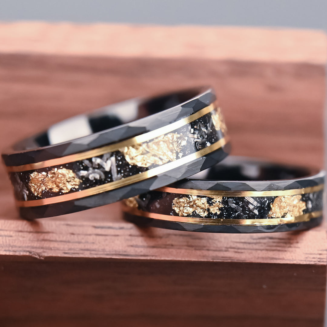 Tungsten Carbide Couple Rings – Hammered Black Rings with Meteorite Inlay