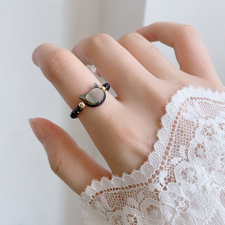 Natural Mother of Pearl Cat Ring - Stretch Band Couple Gift for Girlfriend/Boyfriend