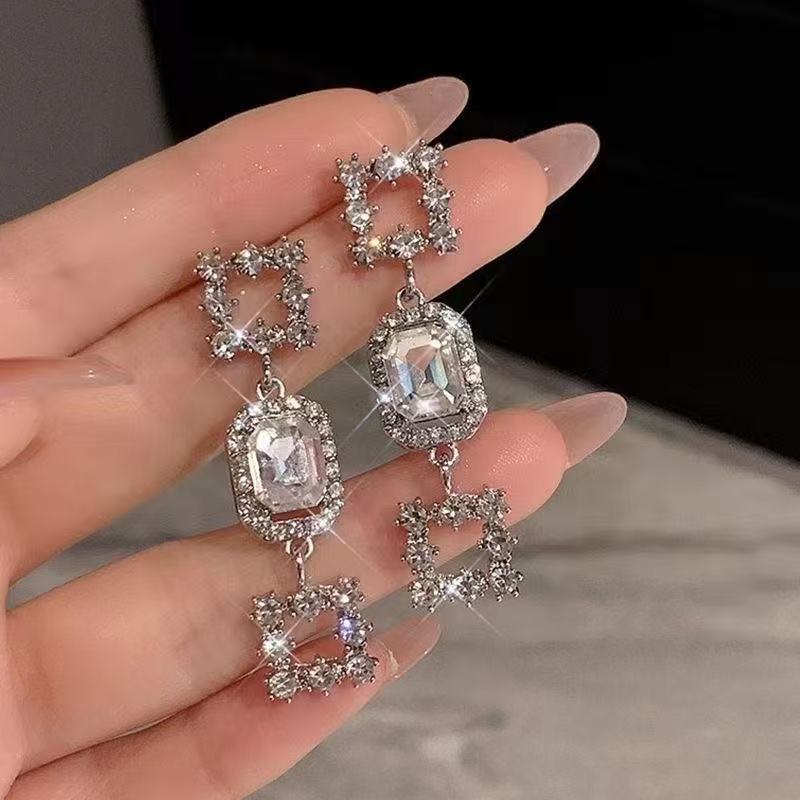 Vintage Stacked Square Diamond Long S925 Silver Dangle Earrings, Gorgeous Palace Style Square Diamond Drop Earrings