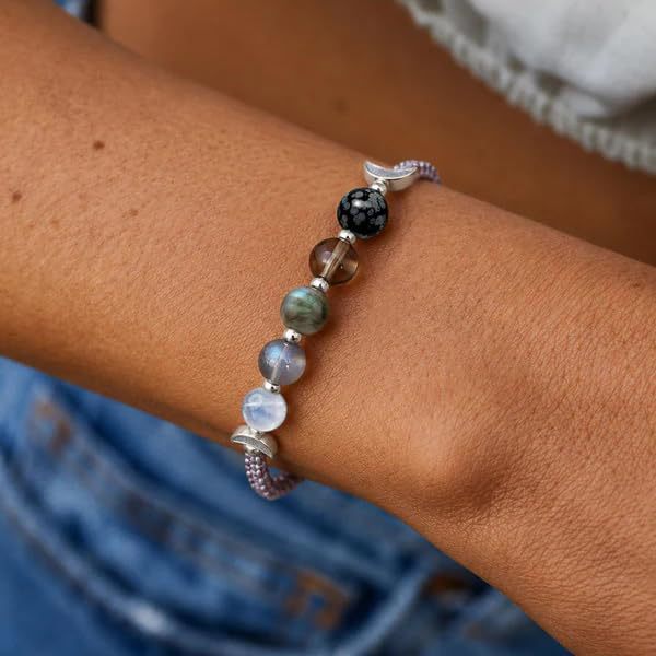 Moon Phase Natural Crystal Adjustable Braided Bracelet, Solid S925 Silver Crescent Healing Energy Stone Wristband, 2 Cord Color Options