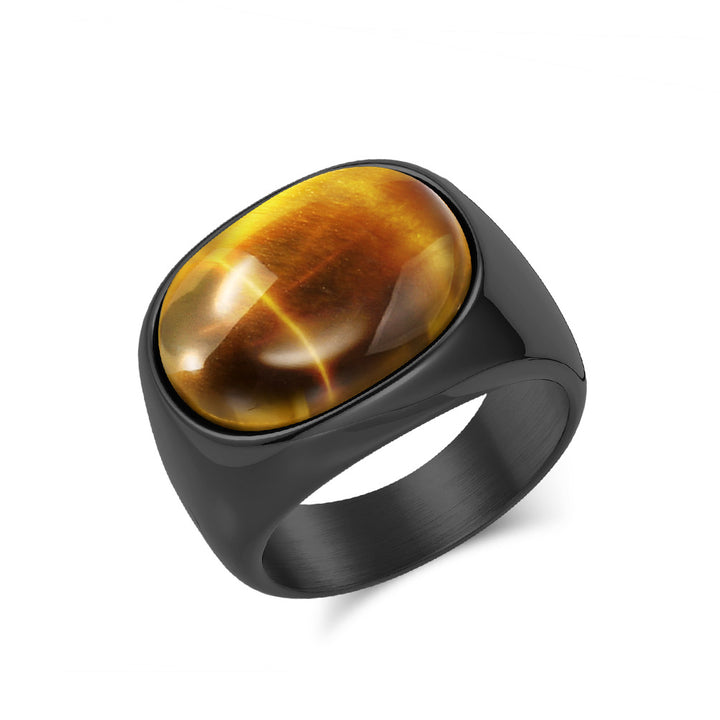 Minimalist Oval Cabochon Gem Solid Signet Ring, S925 Silver Gold/Black/Silver 3 Colors Tiger Eye & Onyx Unisex Wide Band