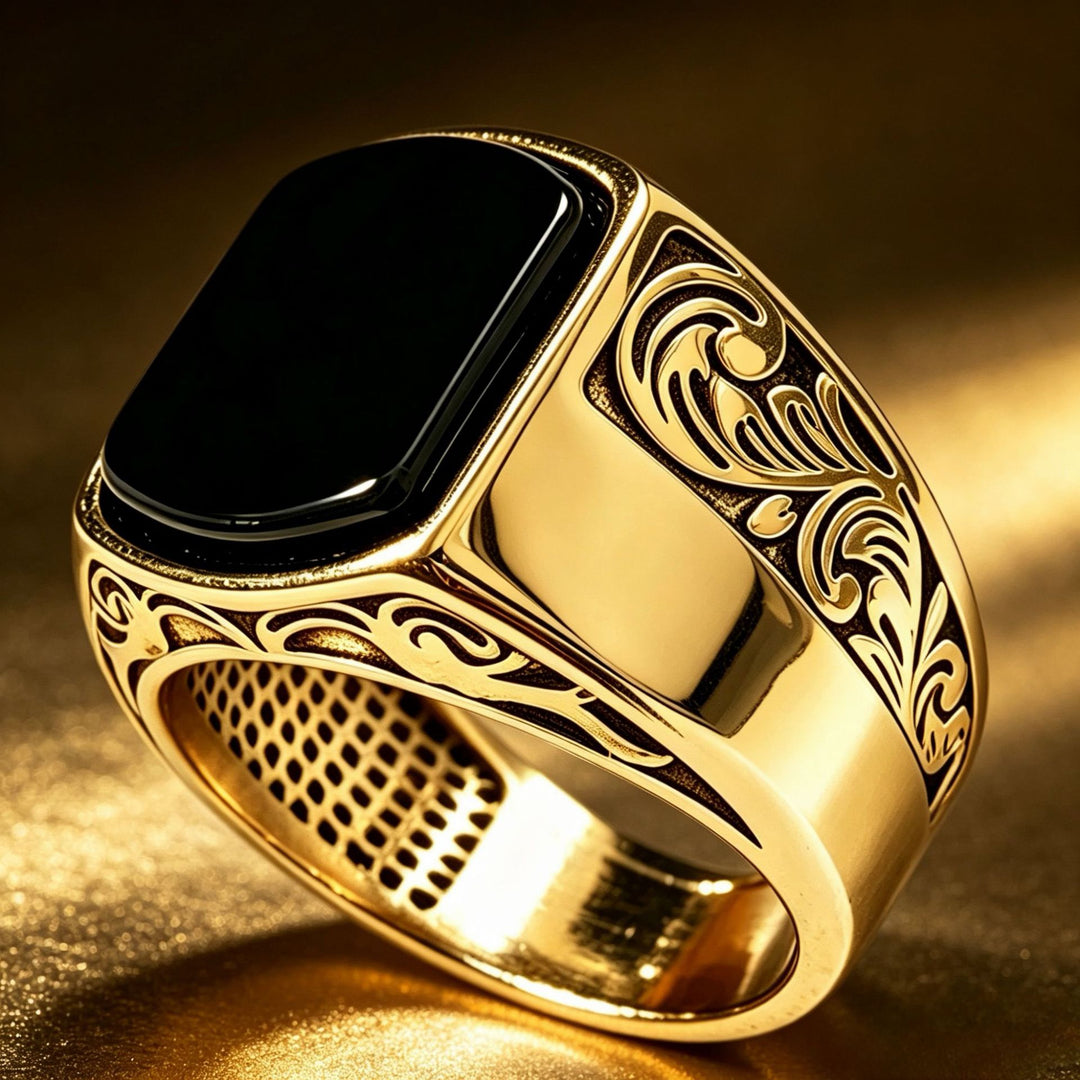 Vintage Cloud Pattern Onyx Signet Men Ring