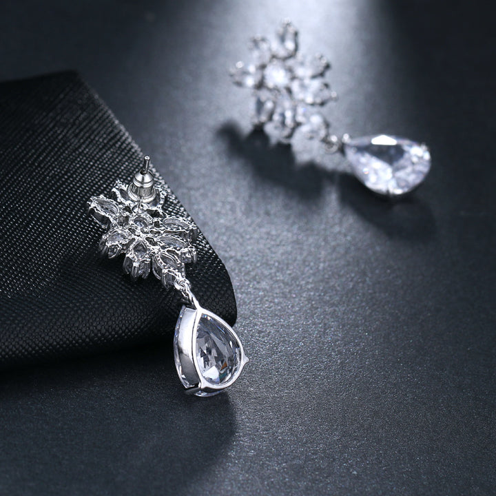 Snowflake Diamond Cluster Teardrop Drop S925 Silver Earrings, Multi-color Gem Long Evening Earrings