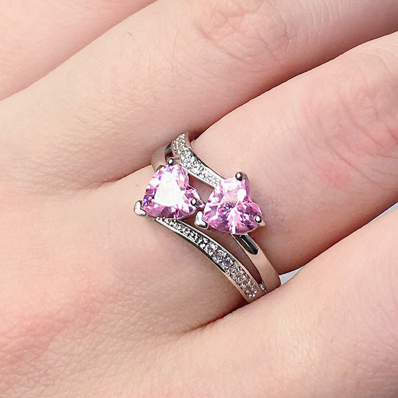 Twin‑Heart Criss‑Cross Diamond Ring For Women, Multiple‑Color Options