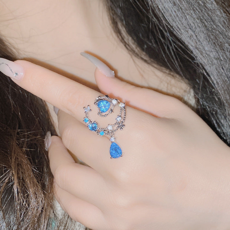 Moon‑Star Heart Teardrop Dangling Open Ring, Multi‑Color Options