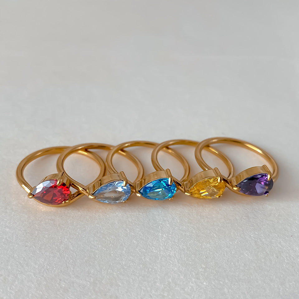 12 Birthstone Teardrop Ring (Gold-Tone Delicate Personalized Women's Band)