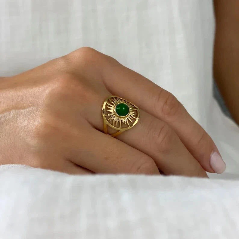Openwork Sunburst Green Chalcedony Bezel Ring, Solid S925 Silver Gold-Plated Vintage Sun God Unique Band