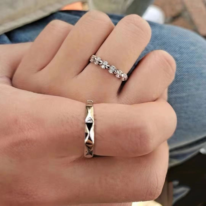 Faceted Surface Diamond‑Inlaid Couple Rings, Adjustable Open Band