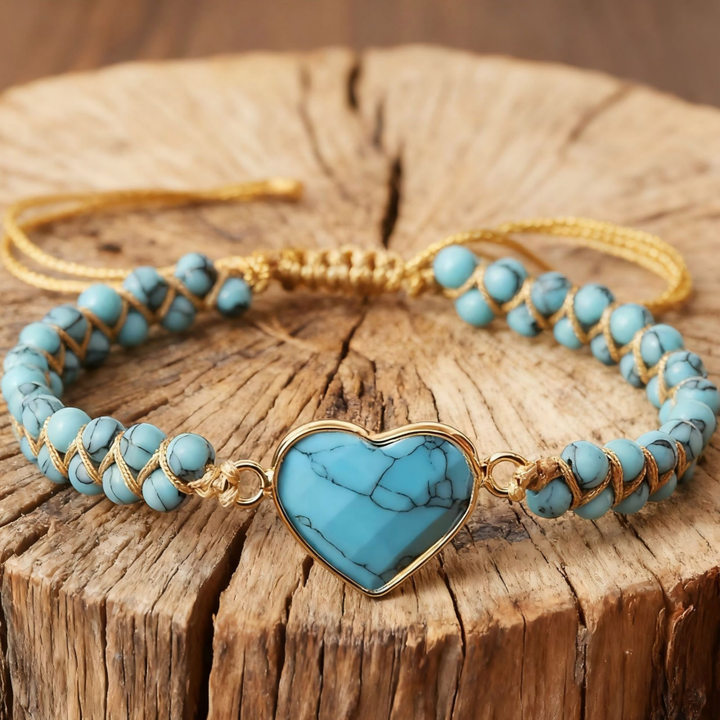 Heart Natural Stone Woven Adjustable Bracelet, Multi‑Color Boho Beaded Bracelet