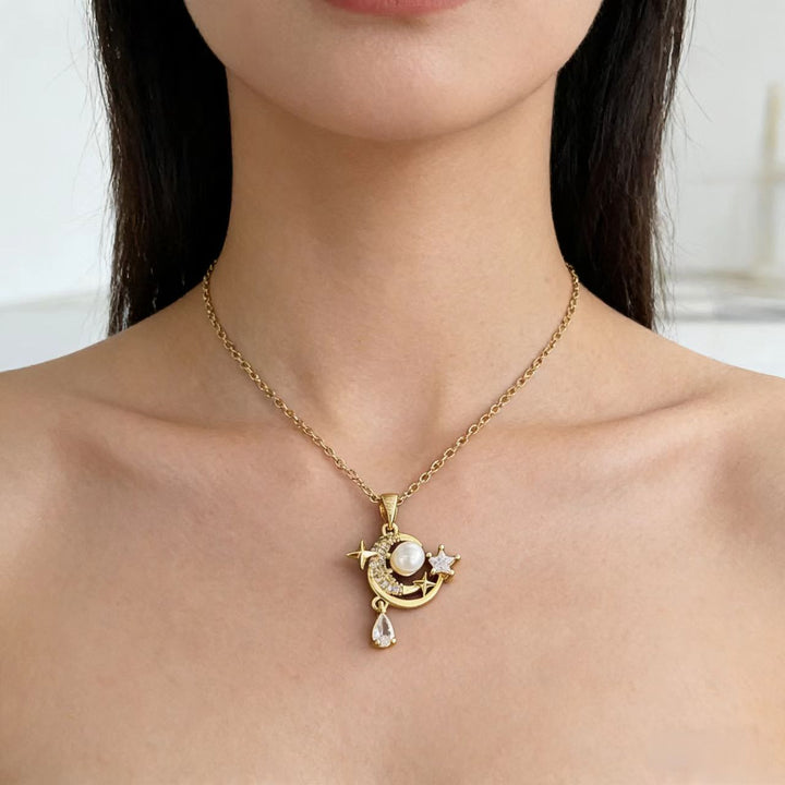 Star Moon Pearl Teardrop Pendant Necklace