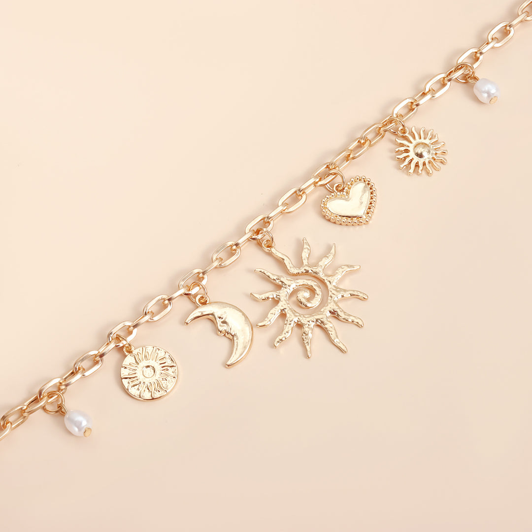 Vintage Sun Moon Star Heart Pearl Double Layer Bracelet, Boho Sun & Moon Charm Gold Bracelet