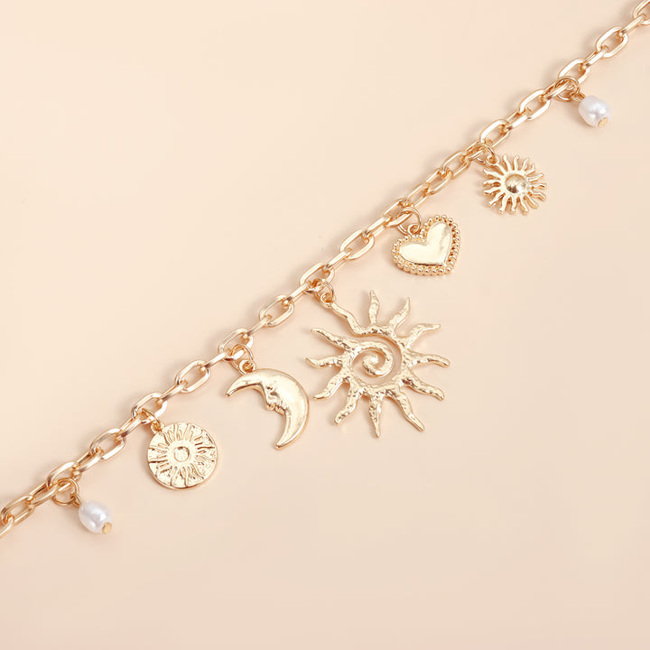 Vintage Sun Moon Star Heart Pearl Double Layer Bracelet, Boho Sun & Moon Charm Gold Bracelet