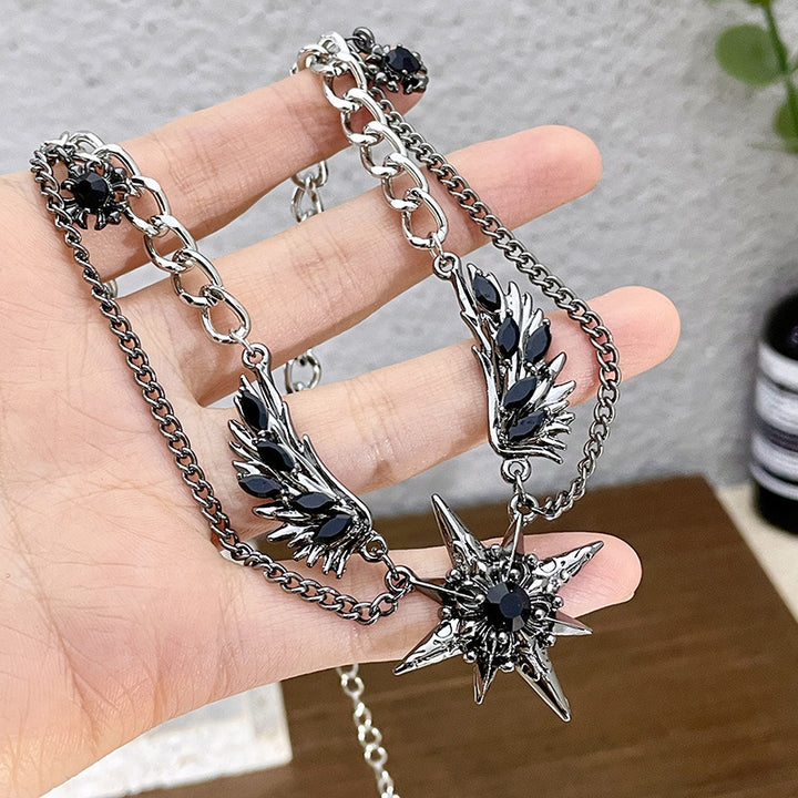 Vintage Wing Star Layered Spliced Necklace, Cool Wing Diamond Unisex Statement Choker