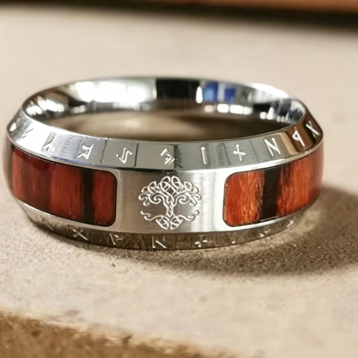 Norse Viking Tree of Life Rune Wood Inlay Ring, S925 Silver Antiqued Multi-Color Unisex Couple Band