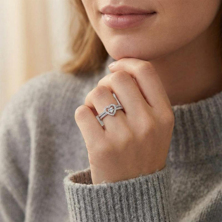 Double Heart Diamond Hollow Halo Ring Set (Luxury Romantic Engagement Band Set)