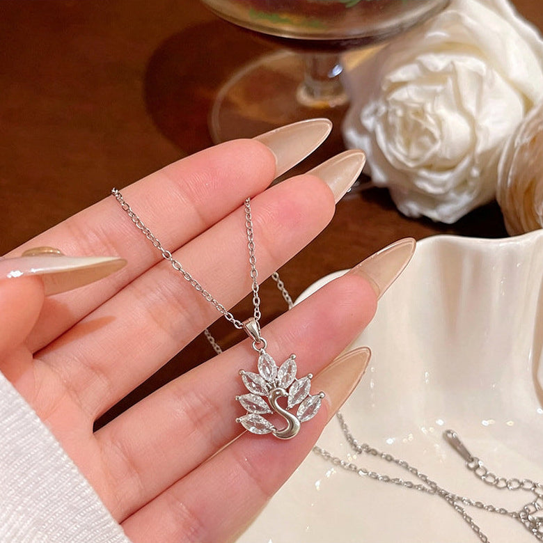 Light Luxury Diamond Peacock Swan Pendant Clavicle Necklace, Dainty Thin Chain for Women (Gold & Silver Two Tones)