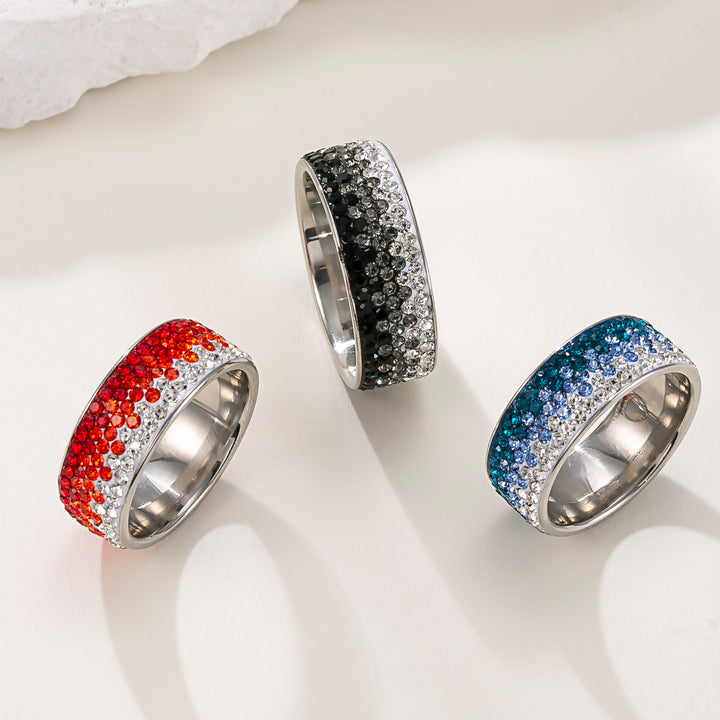 Multi-Row Paved Crystal Wide Titanium Steel Ring, Solid & Gradient Rhinestone Waterproof Band Gold Silver Black Couple Jewelry