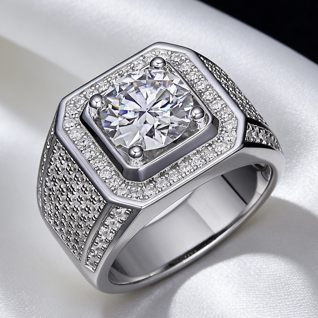 Heavy Square Halo Main Stone Men Ring, European Wide Full Paved Diamond Business Statement Band for Men