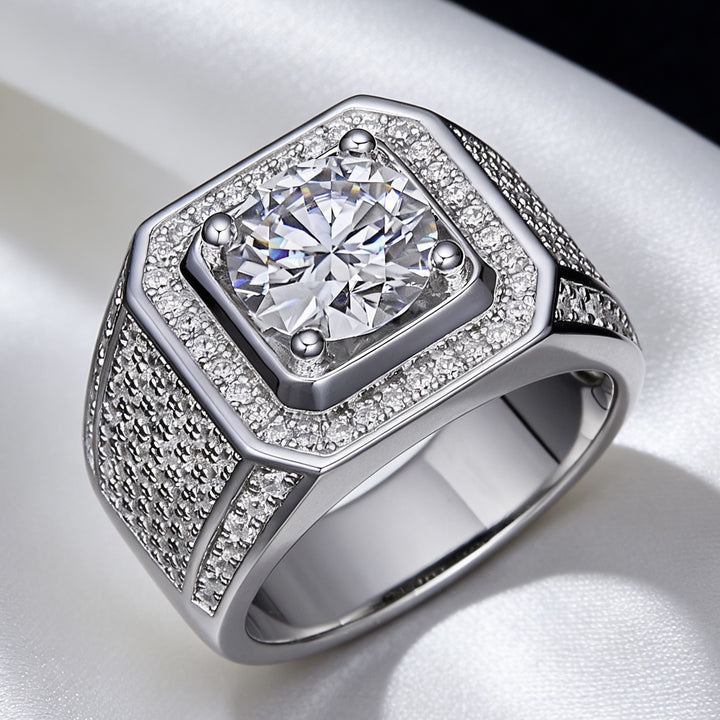 Heavy Square Halo Main Stone Men Ring, European Wide Full Paved Diamond Business Statement Band for Men