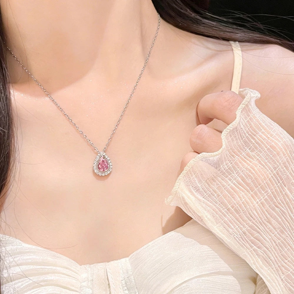 Pear-Shaped Halo Gemstone Pendant Necklace (3 Colors Luxury Women's Chain)