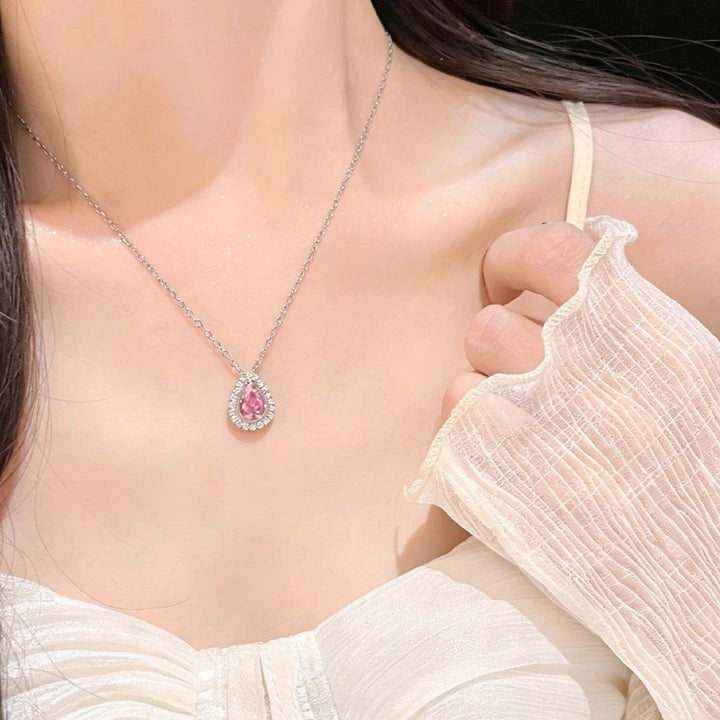 Pear-Shaped Halo Gemstone Pendant Necklace (3 Colors Luxury Women's Chain)