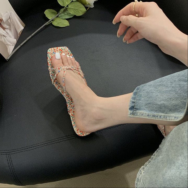 French Thin Strap Square Toe Slide Sandals, Multi Color Flat Summer Slippers