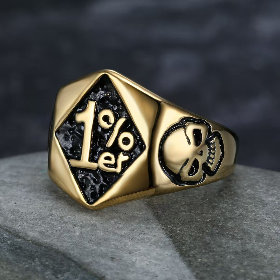 1%er Skull Vintage Biker Signet Ring, S925 Silver 14K Gold Plated Two-Tone Tough Men Wide Band