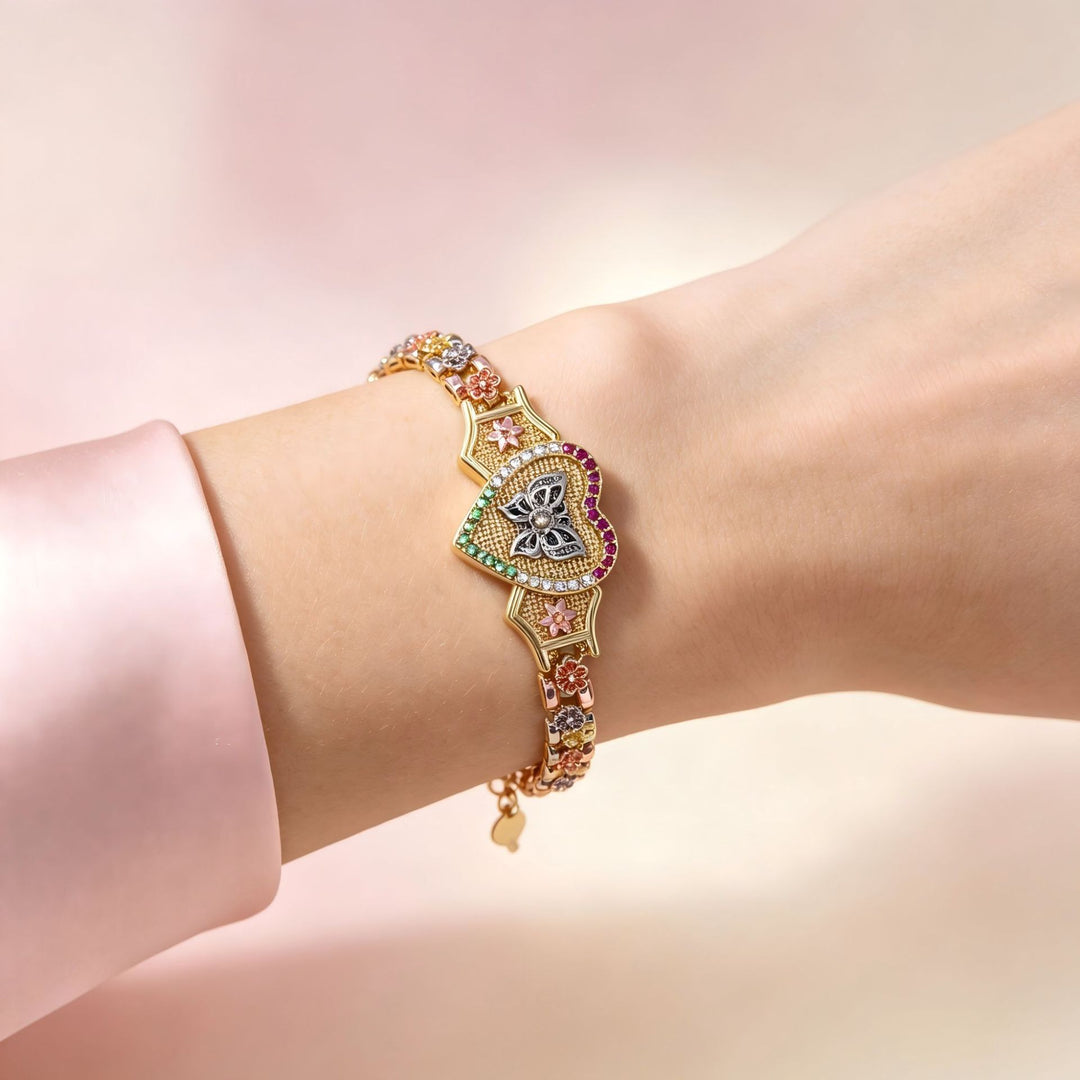 Tri‑Color Heart Butterfly Engraved Adjustable Bracelet