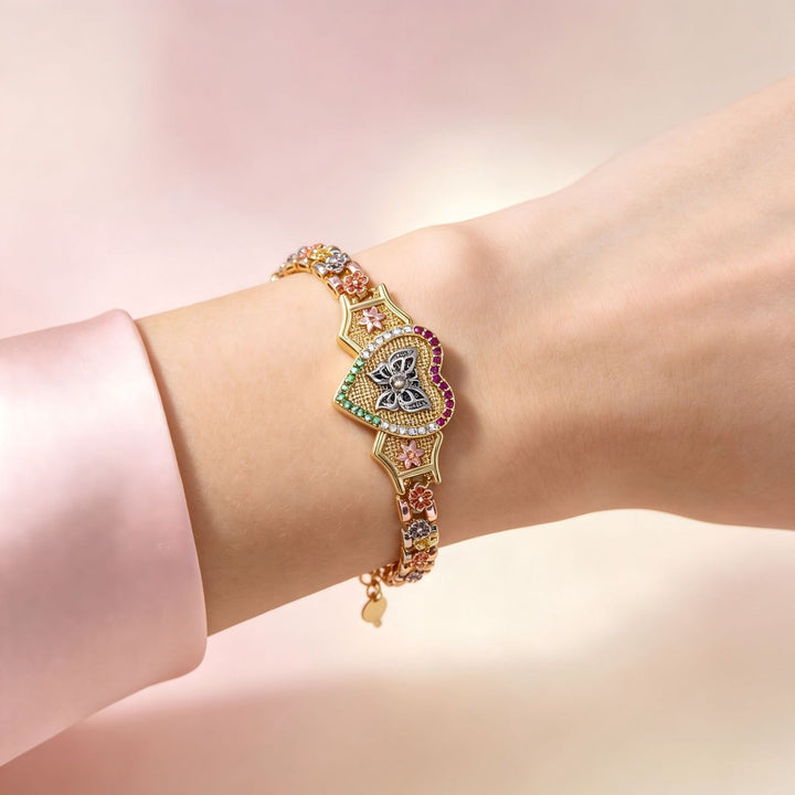 Tri‑Color Heart Butterfly Engraved Adjustable Bracelet