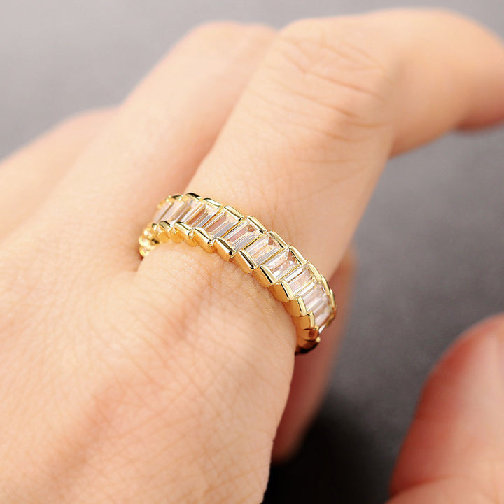 Baguette Chain Link Eternity Ring, 3 Colors Full Diamond Hollow Band For Women