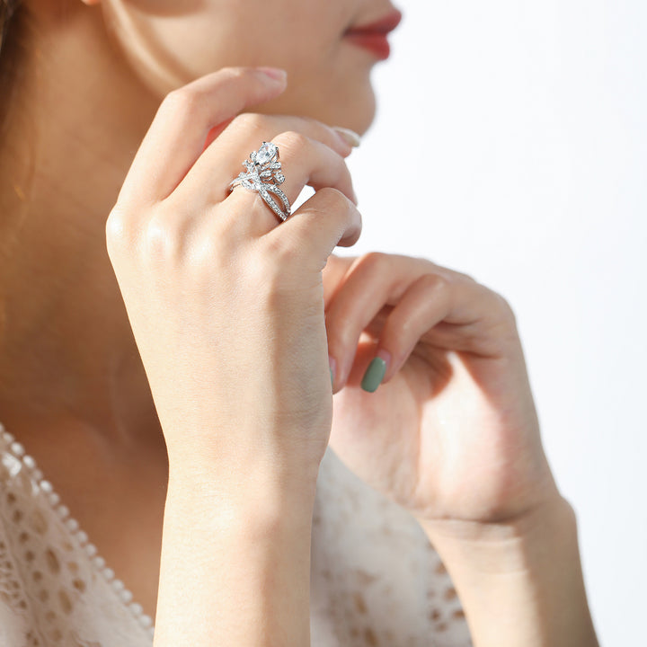 Crown Teardrop Gem Twisted Band Ring, Multi-Color Luxury Engagement Women Ring