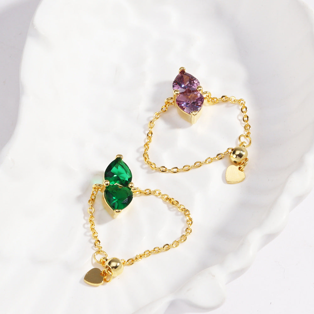 Two Hearts Joined Diamond Adjustable Chain Ring (Multi-Color Delicate Statement Band)