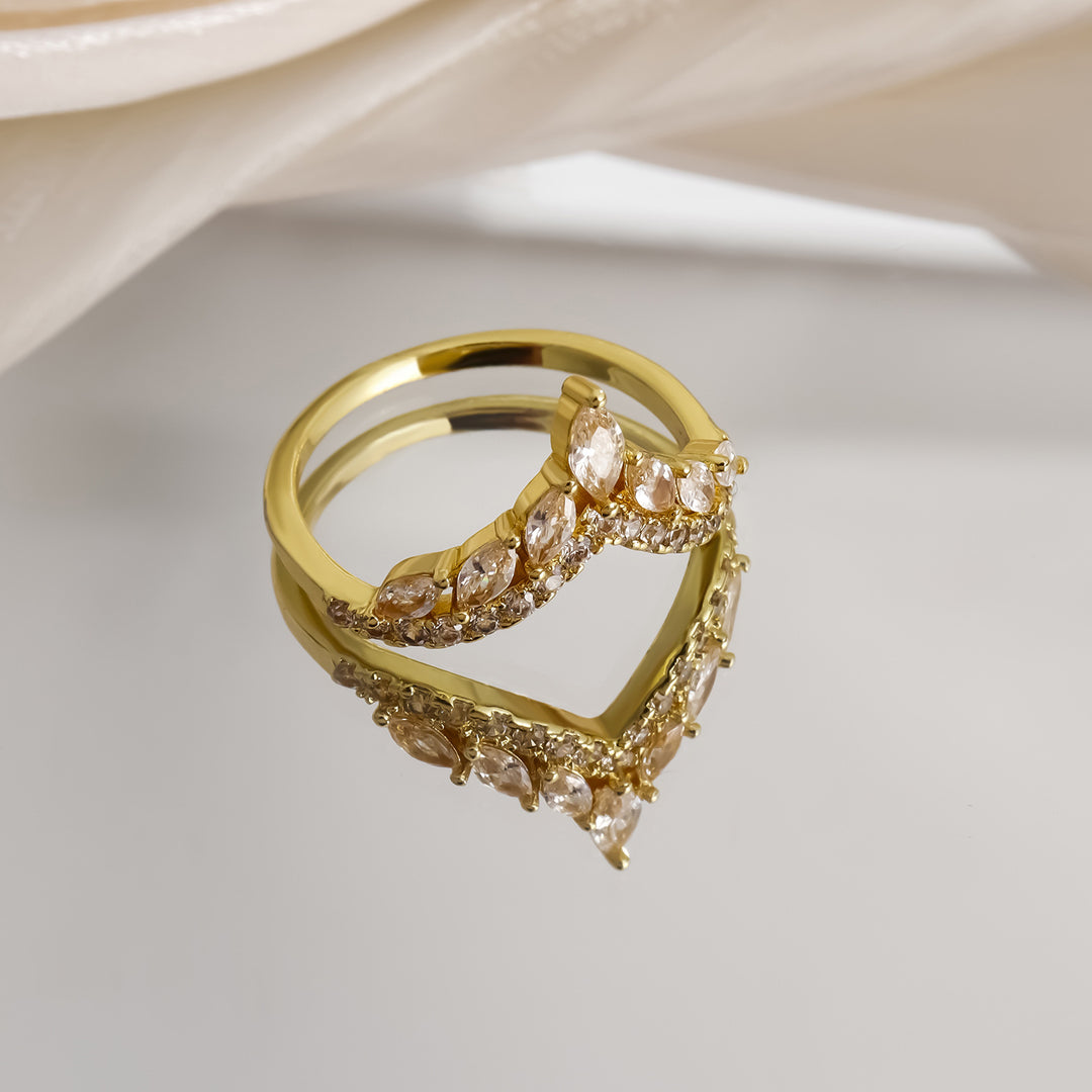 V-Shape Marquise Diamond Hollow Ring, Gold & Silver Tone Luxury Ladder Crystal Slimming Band