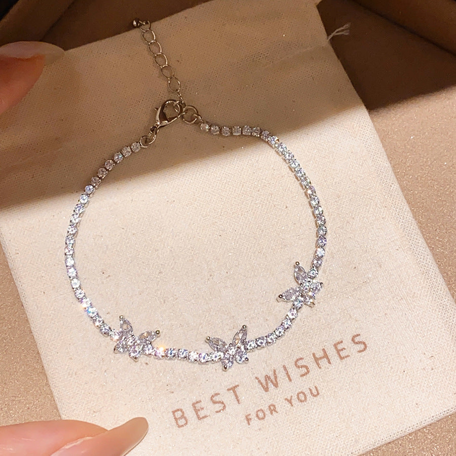 Three‑Butterfly Pave Diamond Tennis Bracelet, Marquise Cut Diamond Butterfly Dainty Women Bracelet, Gold & Silver Tone, Clear & Purple Diamond Available