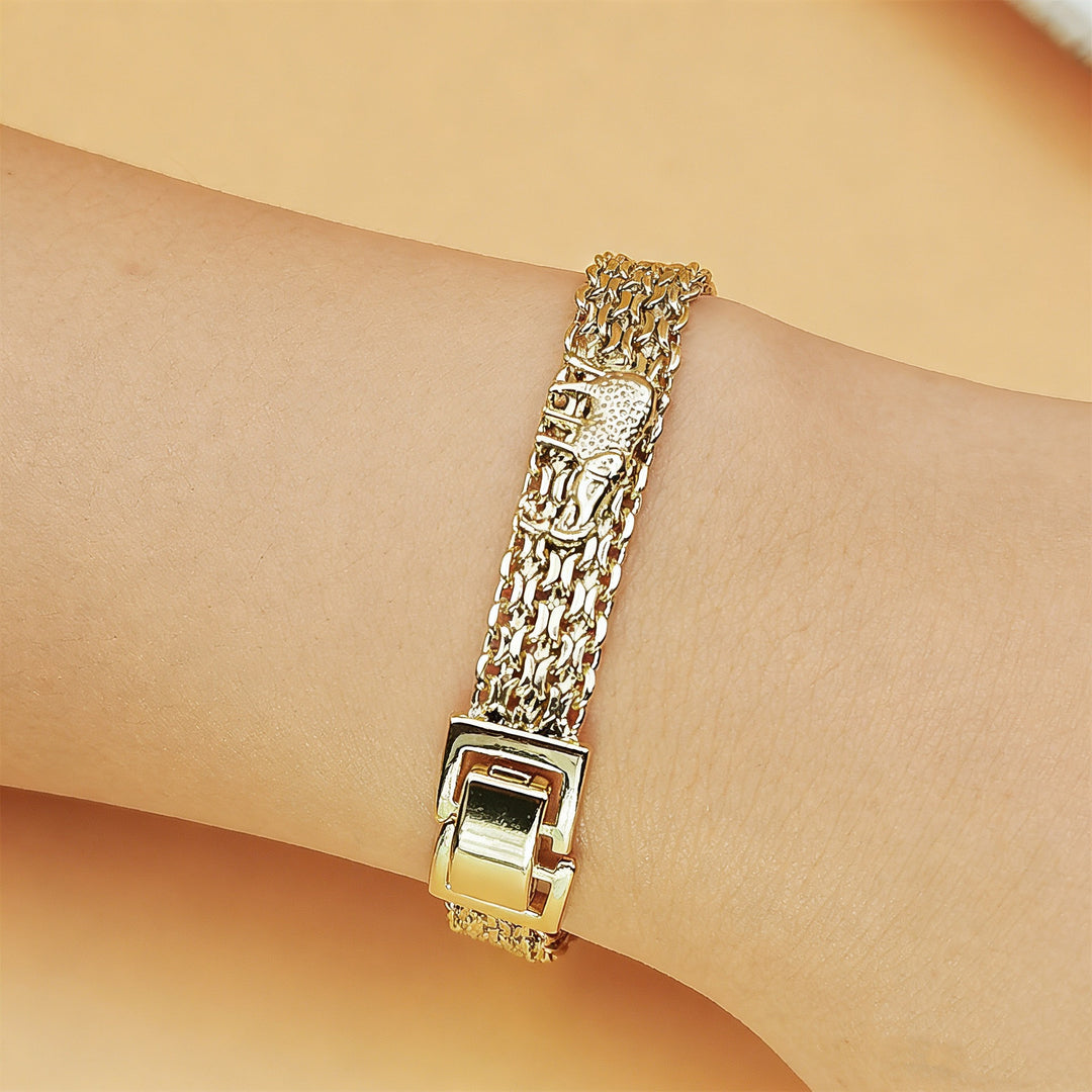 Multi-Layer Thick Chain Elephant Embossed Gold Plated Wide Bracelet, Vintage Chunky Metal Women’s Jewelry
