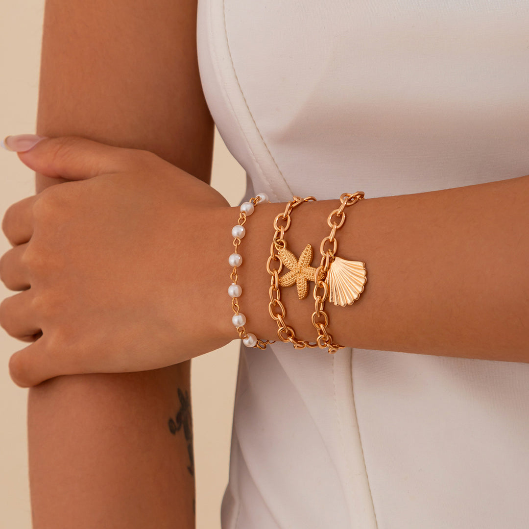 Beach Vacation Three-Layer Shell Starfish Jewelry Set, Irregular White Pearl Layered Choker & Chunky Chain Pearl Bracelet 2-Piece Jewelry Set