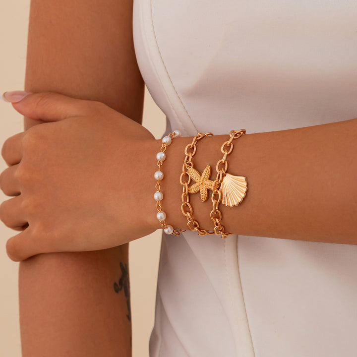 Beach Vacation Three-Layer Shell Starfish Jewelry Set, Irregular White Pearl Layered Choker & Chunky Chain Pearl Bracelet 2-Piece Jewelry Set